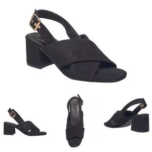 French Connection Black Suede Crisscross Block Heel Slingback Sandals | Size 7